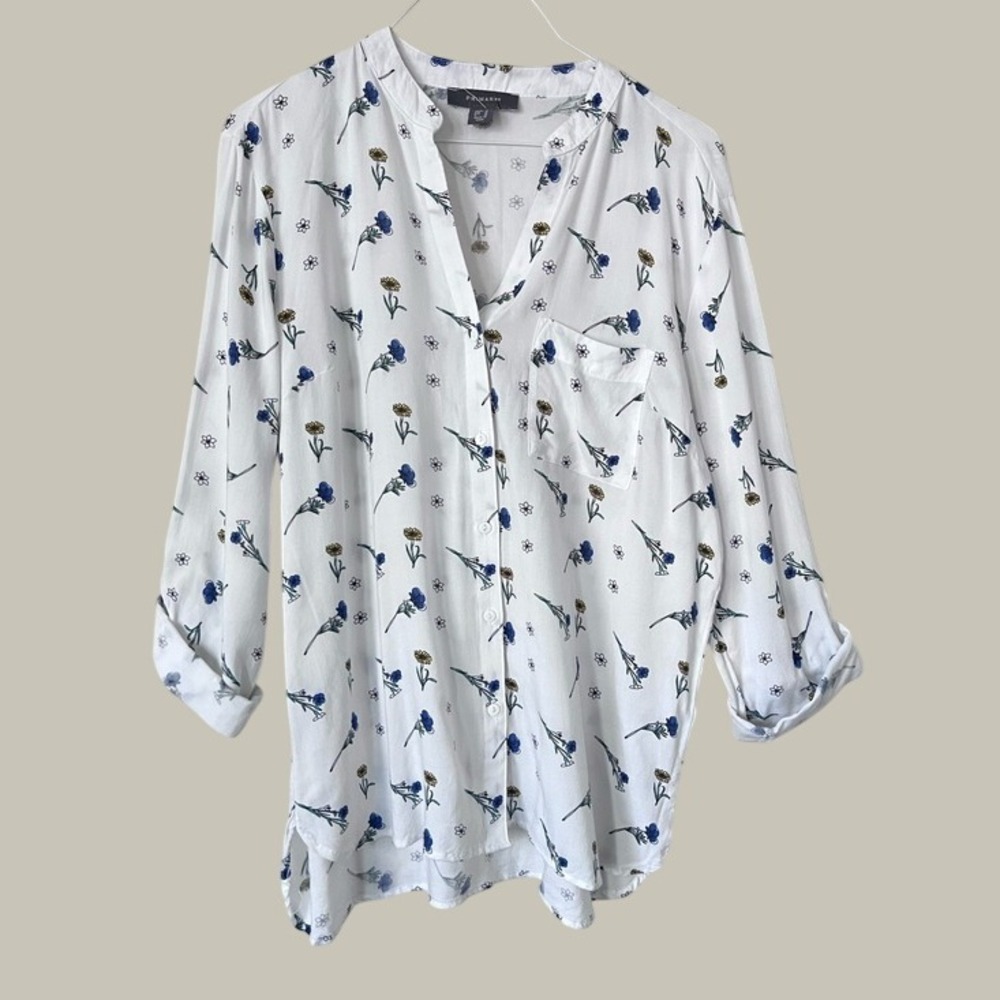 Primark Women White Micro Floral Button Down Blouse Roll Tab Sleeve Office Top
